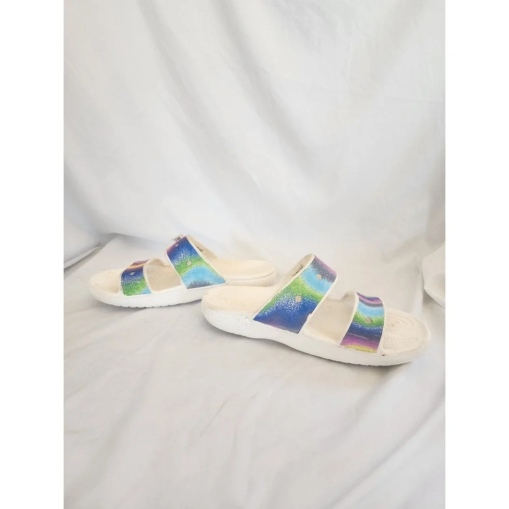 Crocs Classic Sandal Rainbow Glitter Slides Womens 10 Mens 8 White Multi Color - Picture 7 of 9